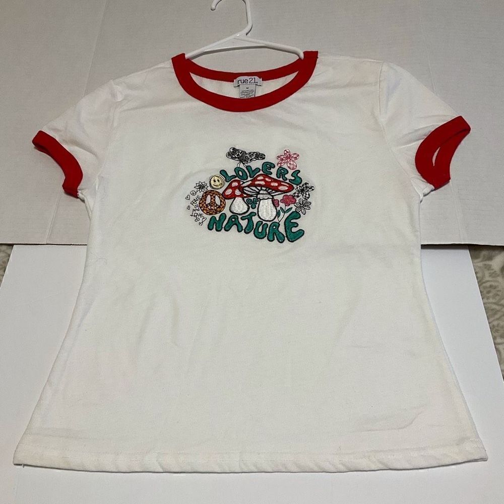 Vintage “Lovers of Nature” Baby Tee, M. Embroidered flowers, smiley faces and mu